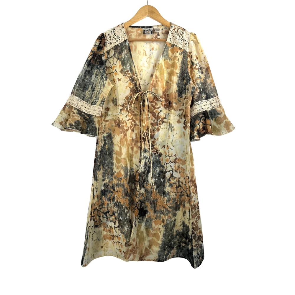 VTG Take Two Clothing Co Mini Dress sz M Brown Abstract Lace‎ Bell Sleeve fairy